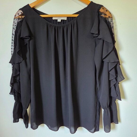 EUC LIKE NEW LOFT BLACK SHEER SHOULDERS BOAT NECK RUFFLED LONGSLEEVES TOP SZ XSP - Picture 1 of 15